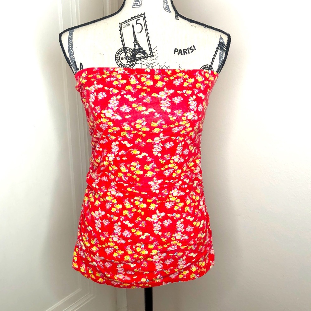 Red with Pastel Flower Strapless Top